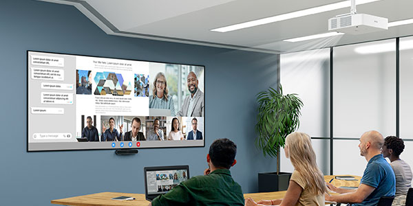 Business people on a video conference call using a state-of-the-art digital projector from Data Projections