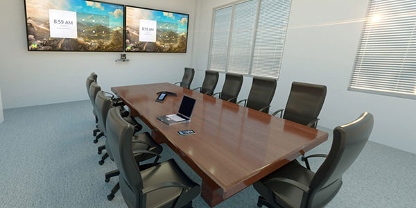 A conference room setup with twin monitors for video conferencing by Data Projections