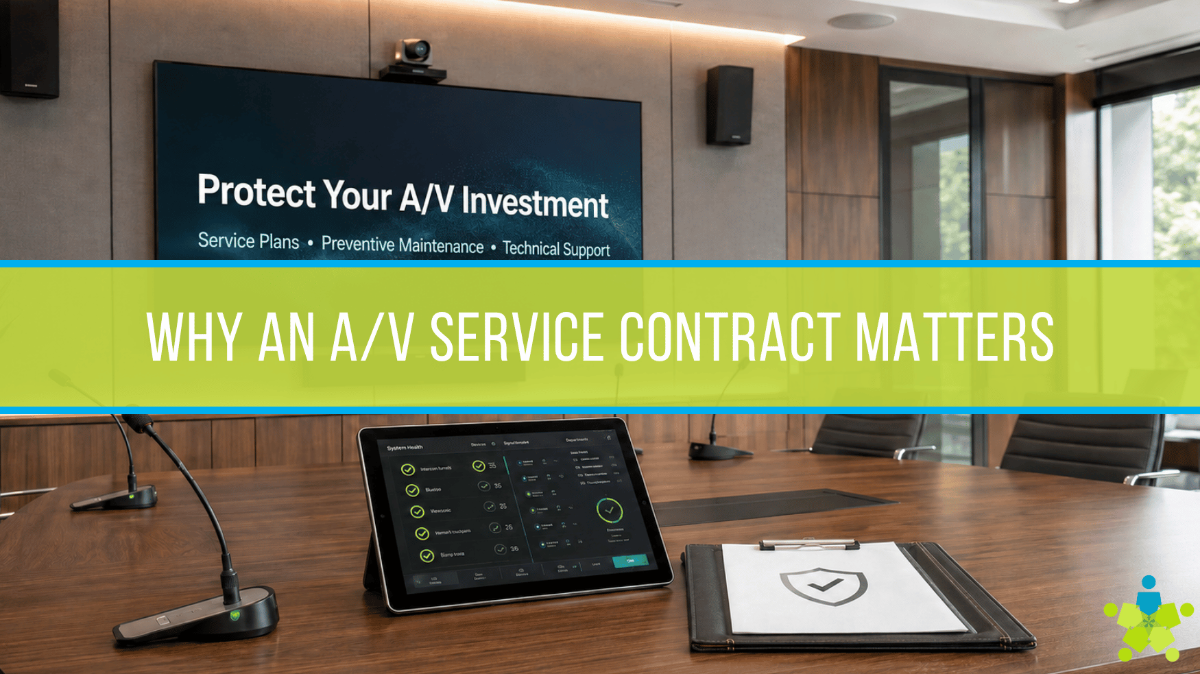AV Service Contract picture with working video, control panel, microphones, and speakers