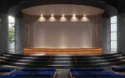 An auditorium with a large display set up by Data Projections