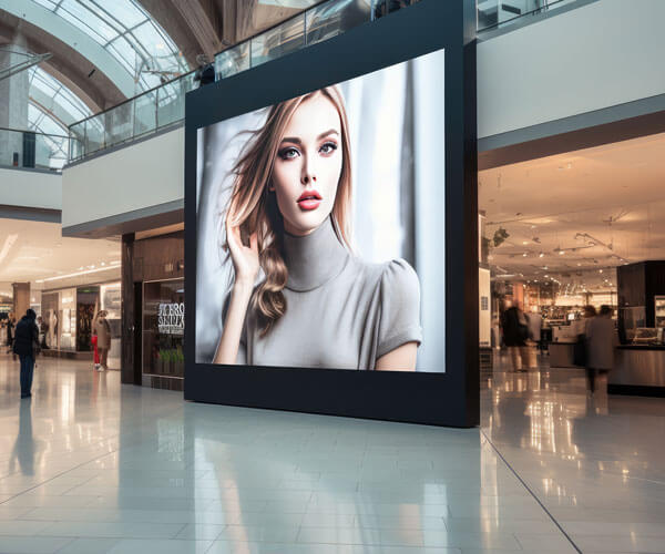 A large Data Projections display screen in a mall