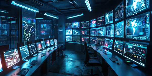 A large amount of monitors mounted on the wall of a control center