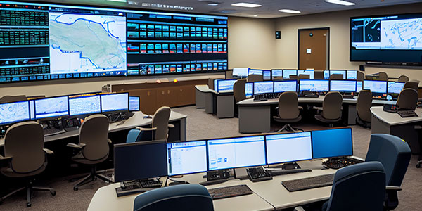 A large control room filled with AV over IP products and solutions linked together by a Data Projections control system