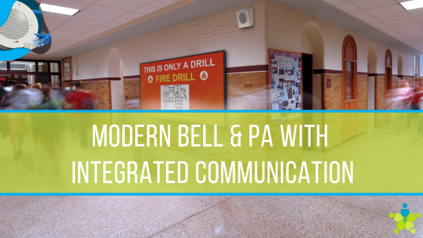 Photo of school hallway with digital signage and SIP speakers